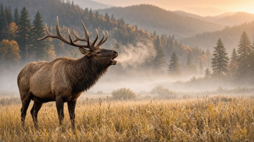 Bull Elk Bugling at Dawn in a Misty Meadow