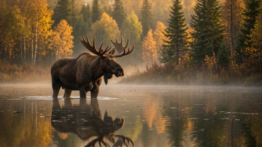 Bull Moose in a Misty Autumn Pond at Sunrise