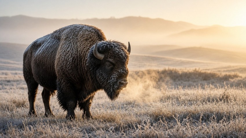 Bison Bull on a Frosty Prairie at Sunrise