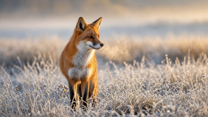 Red Fox in a Frosty Meadow at Dawn