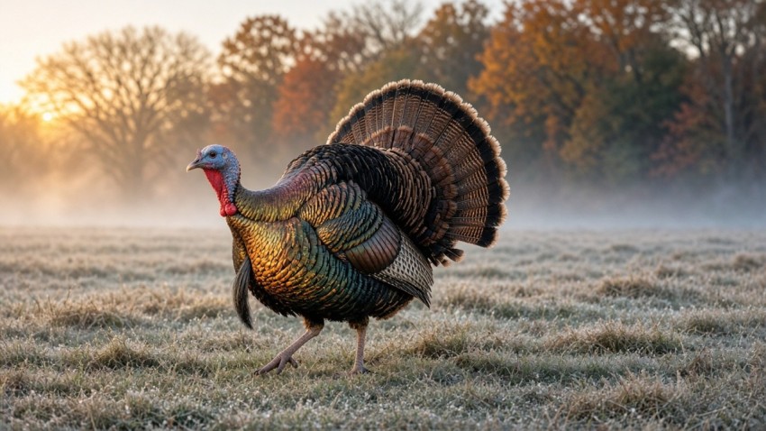 Wild Turkey Tom Strutting in a Frosty Hayfield