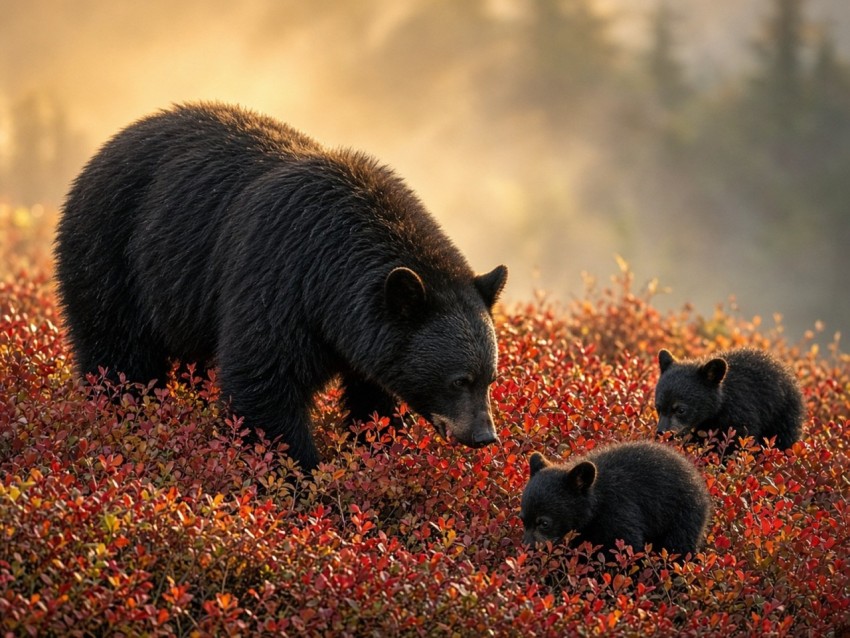 Black Bear Sow and Cubs in Autumn Huckleberries