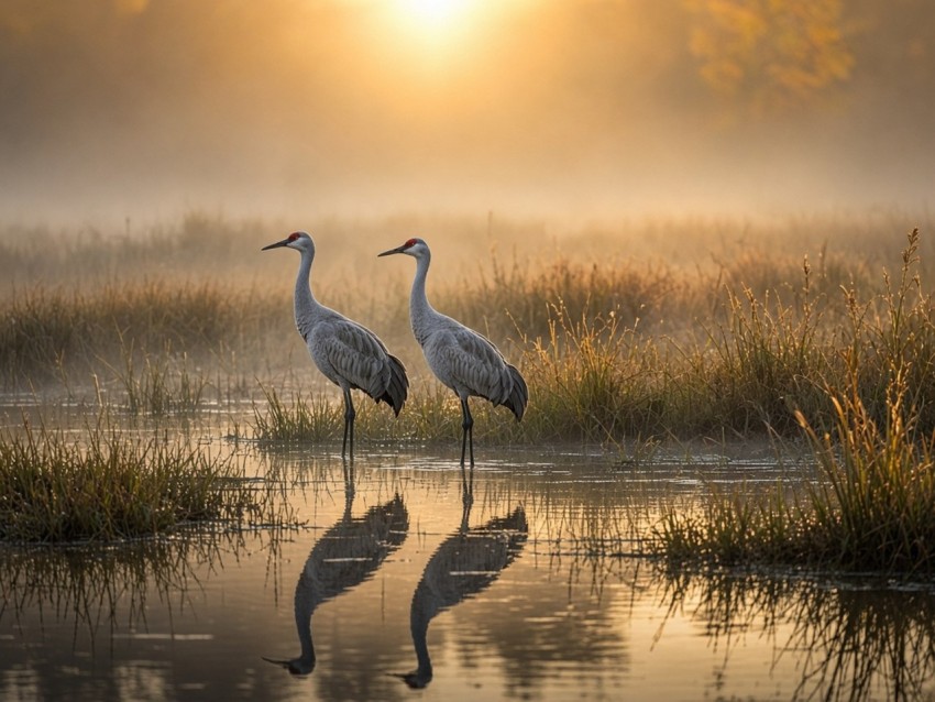 Sandhill Crane Pair in a Misty Sunrise Marsh