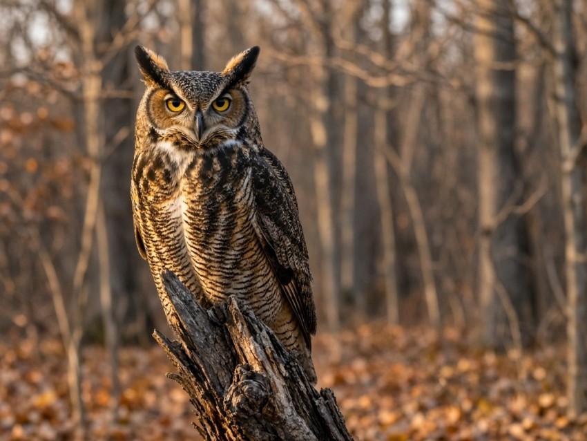 Great Horned Owl at Dusk in the Autumn Woods