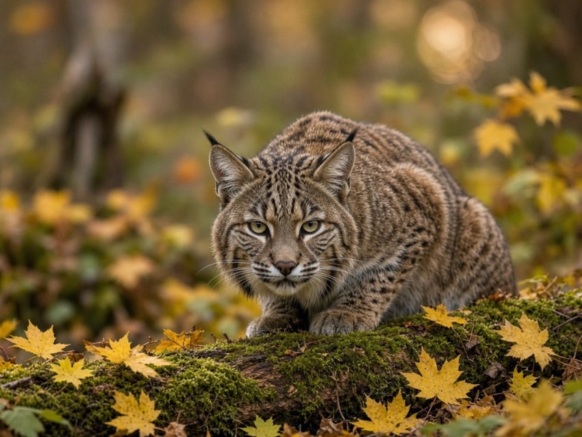 Bobcat on a Mossy Log in Autumn Maples