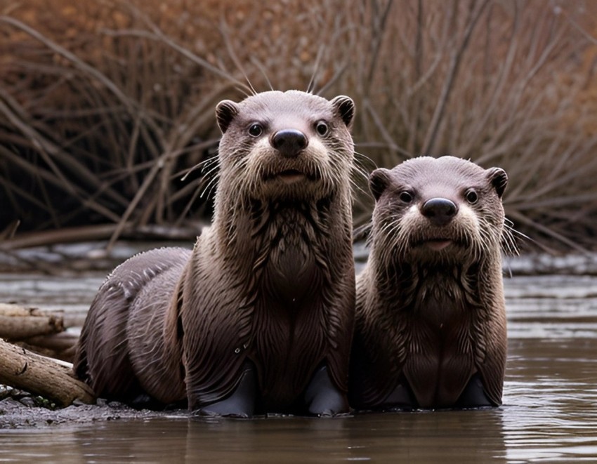 River Otter Pair on a Frosty Creek Bank